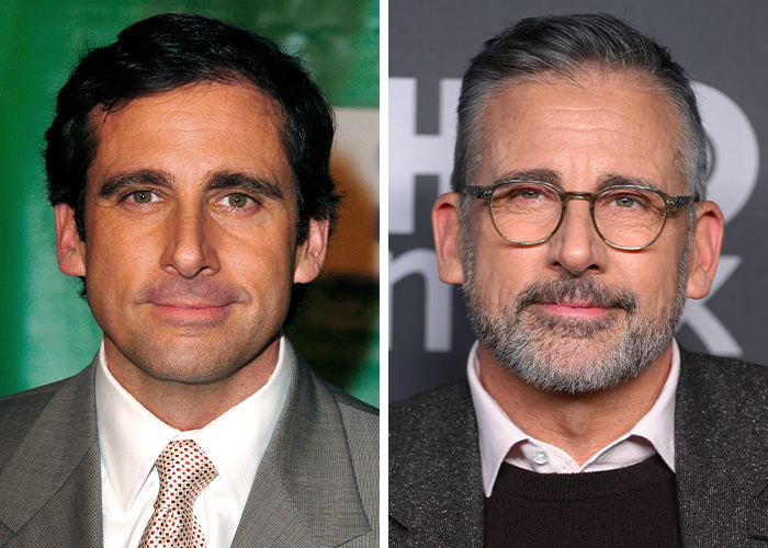 A split image showing actor Steve Carell looking younger on the left and older with glasses and a beard on the right, getting hunkier with age.
