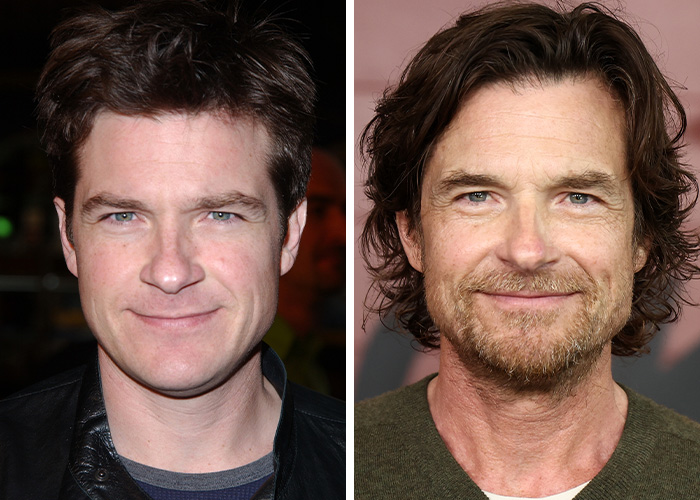 A split image showing actor Jason Bateman looking younger on the left and older with longer hair and a beard on the right, getting hunkier with age.
