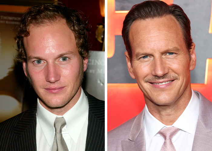A split image showing actor Patrick Wilson looking younger on the left and older with a mustache on the right, getting hunkier with age.