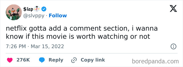 A hilarious cinephile tweet about Netflix needing a comment section to determine if a movie is worth watching.
