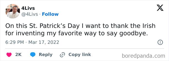 Funny post satirizing corporate life: a tweet about the Irish inventing a favorite way to say goodbye.