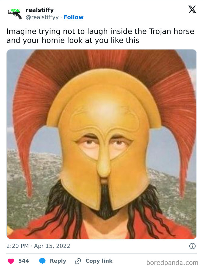 A humorous image of a Trojan horse helmet with a person's eyes, from a collection of chaotic and unhinged pics.