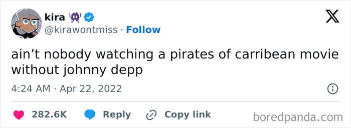 A hilarious cinephile tweet stating nobody watches a Pirates of the Caribbean movie without Johnny Depp.