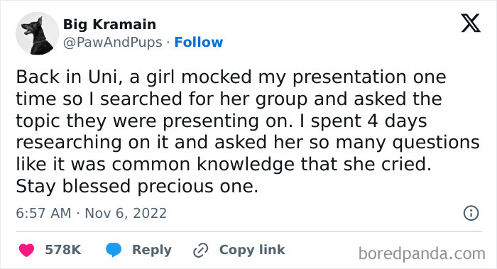A Mad Lad tweet about making a girl cry by asking too many questions about her presentation.