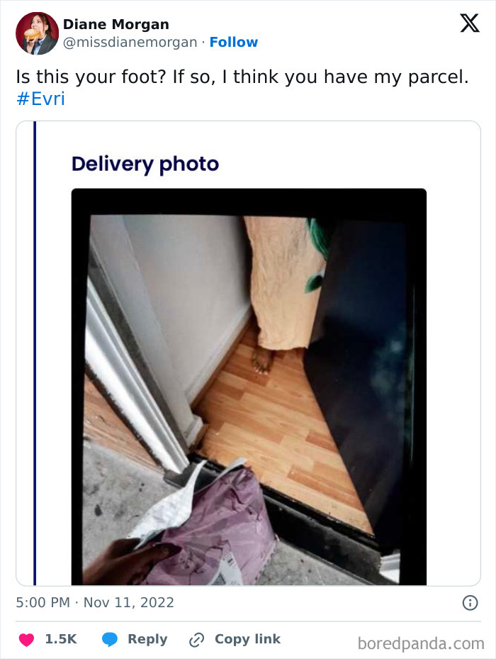 A tweet about a delivery fail, showing a package left at a doorway with a person's bare foot visible inside.