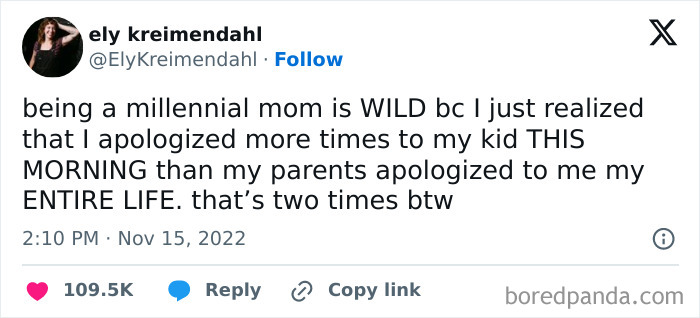 Tweet about challenges of being a millennial mom apologizing more to kids