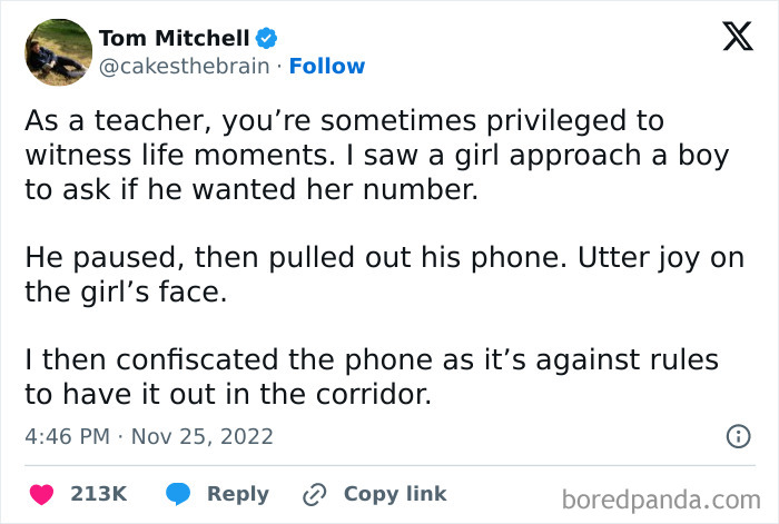 Screenshot of a tweet from Tom Mitchell about confiscating a phone, showcasing a teacher's potentially toxic behavior.