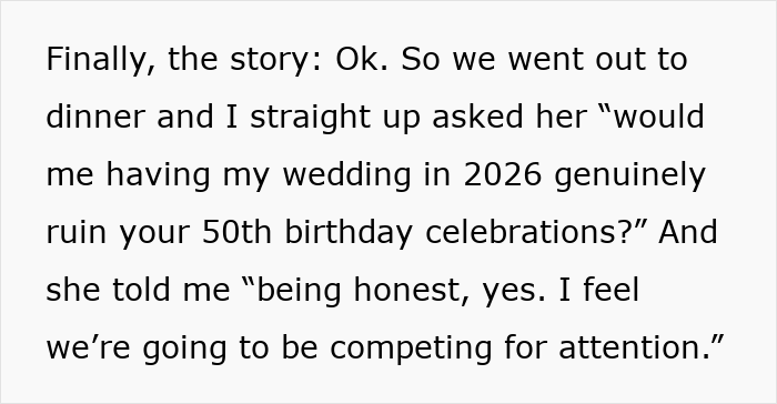 A screenshot of text where the daughter asks her Mom if her wedding would ruin birthday celebrations. A screenshot of text where the daughter asks her Mom if her wedding would ruin birthday celebrations.