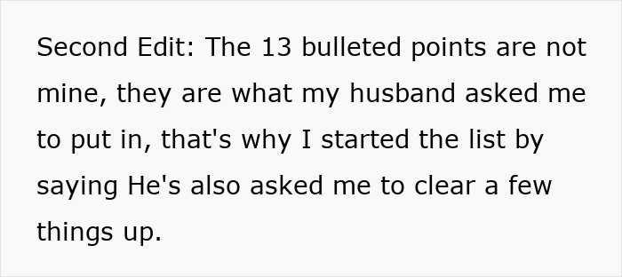 An edit explaining a list of points from a husband, part of the double life narrative.