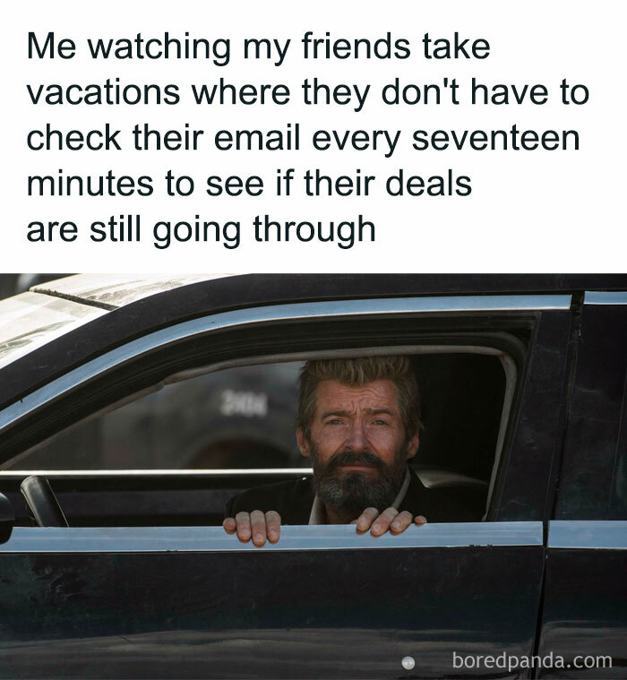 Man looking out car window stressed about sales deals meme