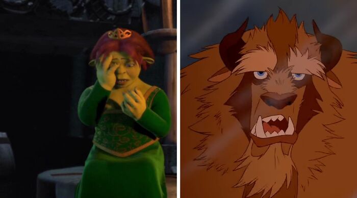 A split image for a popular fiction and movies would you rather poll. Left: Princess Fiona from Shrek. Right: The Beast from Beauty and the Beast.
