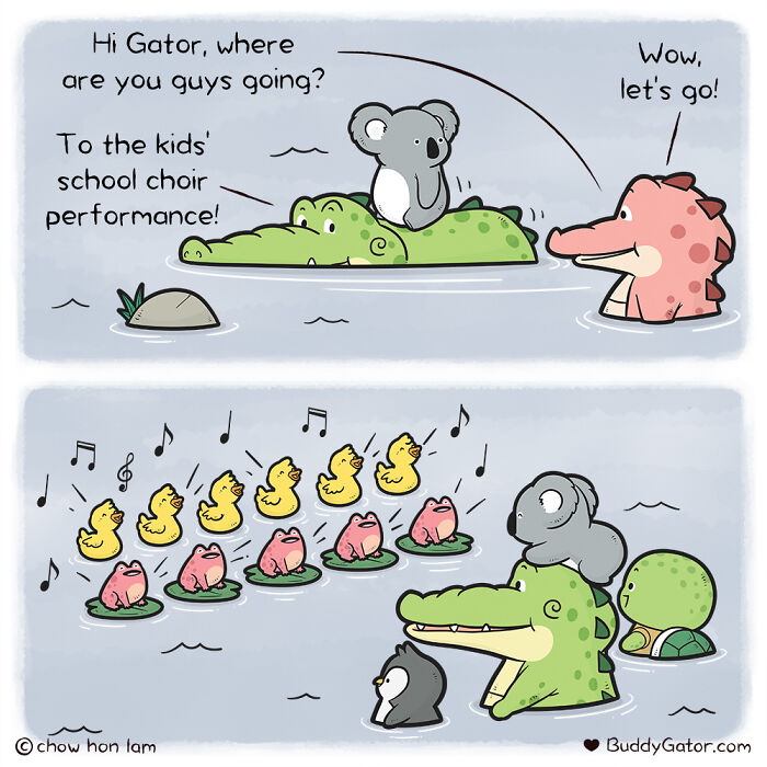 Wholesome comics: an alligator and friends attend a kids school choir performance by this artist.
