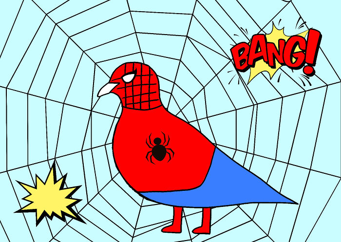 An adorable cartoon dove dressed as Spiderman, against a spiderweb background, with 'BANG!' text.