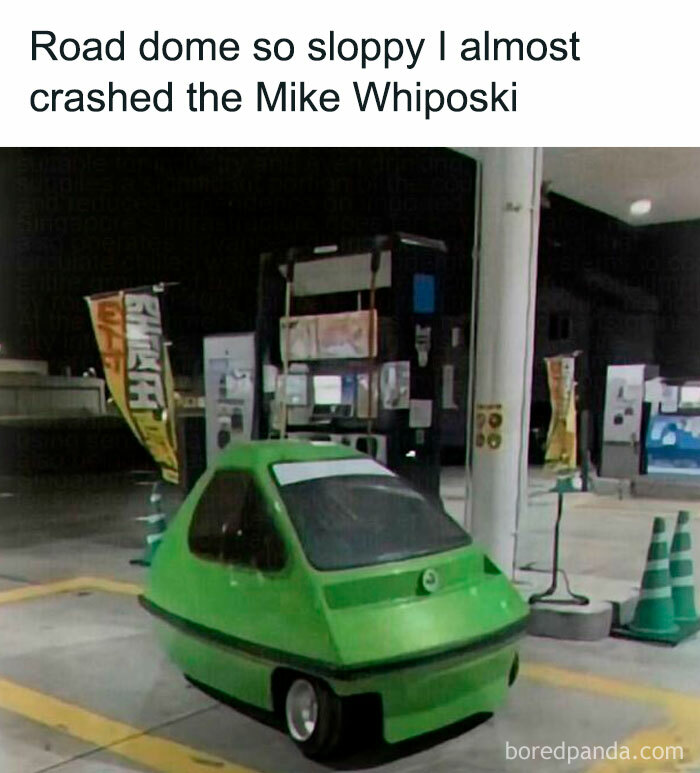 A chaotic and unhinged pic of a small, green, egg-shaped vehicle at a gas station with humorous text.