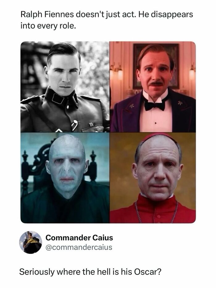 A collage of Ralph Fiennes in various roles, highlighting his disappearing into characters, a great pop culture post.
