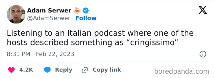 A tweet by Adam Serwer describing something as cringissimo, a fever dream meme.