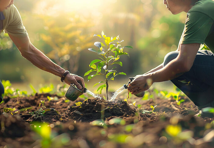 Two people watering a newly planted tree sapling, representing unconventional ways to earn money.