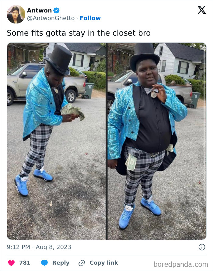 Man dressed in flashy blue jacket and top hat holding cash in humorous social media post