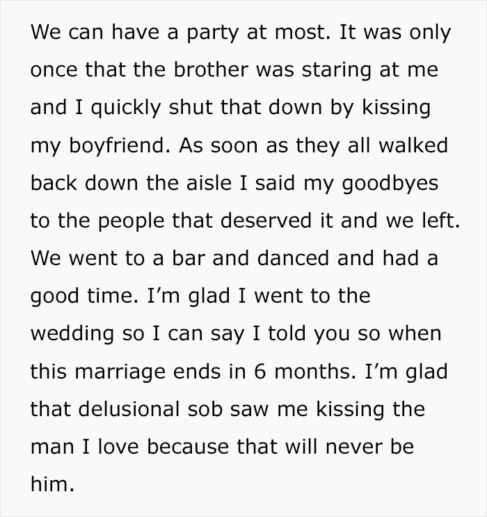 Text about party, brother staring, kissing boyfriend, and wedding experience Text about party, brother staring, kissing boyfriend, and wedding experience