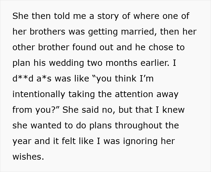 A screenshot of text detailing a past incident where the Mom's brother's wedding was moved, similar to the current birthday/wedding conflict. A screenshot of text detailing a past incident where the Mom's brother's wedding was moved, similar to the current birthday/wedding conflict.