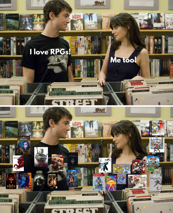Couple bonding over role-playing games in gaming meme