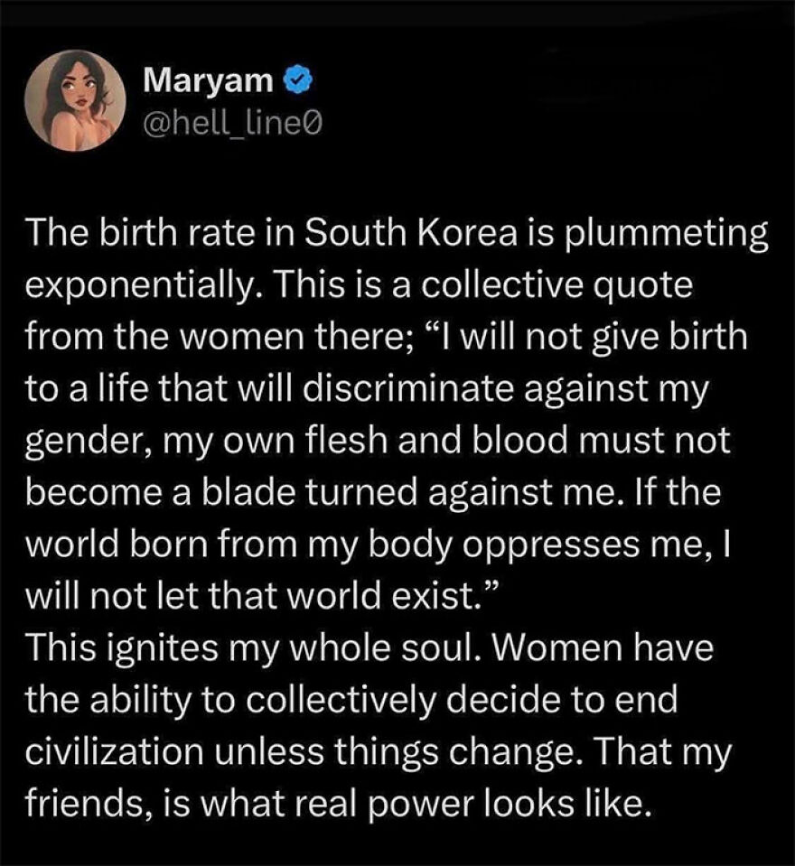 Feminist post on South Korea's plummeting birth rate and women's collective power to influence change