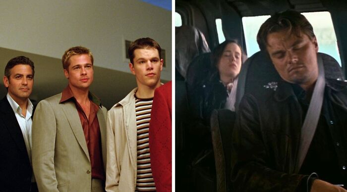 A split image for a popular fiction and movies would you rather poll. Left: George Clooney, Brad Pitt, and Matt Damon from Oceans Eleven. Right: Leonardo DiCaprio and Elliot Page sleeping in a scene from Inception.