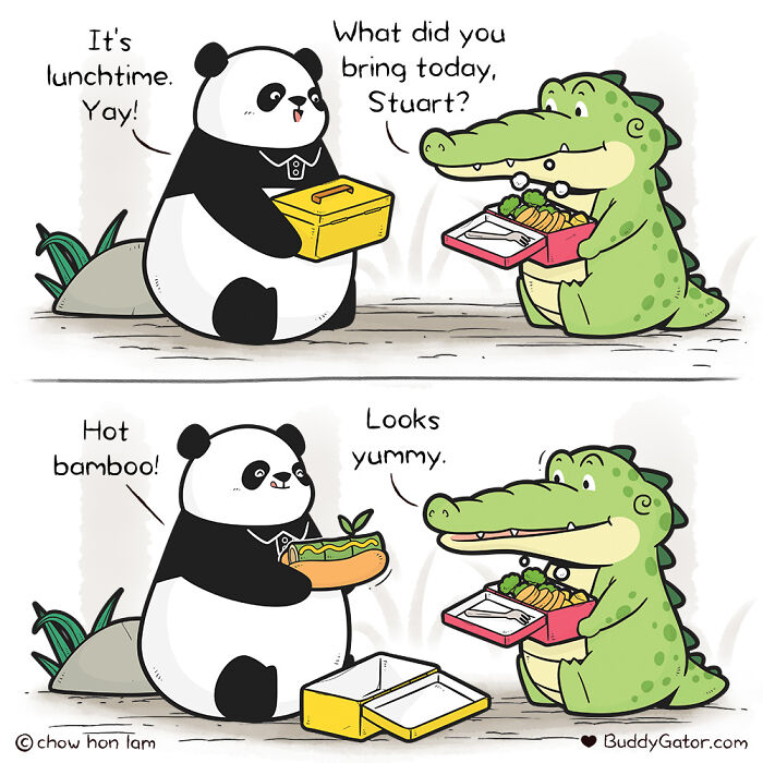 Wholesome comics of an alligator and panda sharing lunch, highlighting their friendship and different meals.