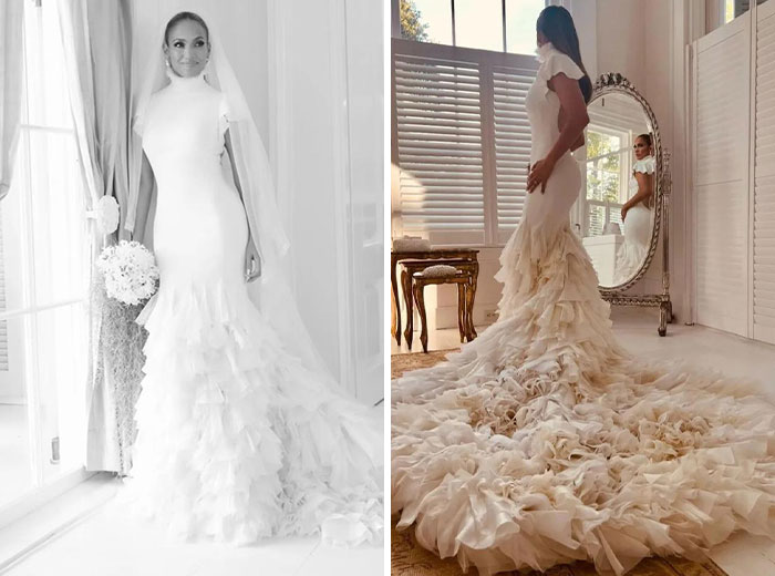 A celebrity in a stunning wedding dress with a long, ruffled train, perfect for a wedding.
