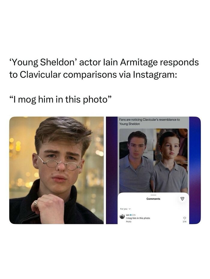 Young Sheldon actor Iain Armitage in a pop culture post, responding to Clavicular comparisons with good vibes.