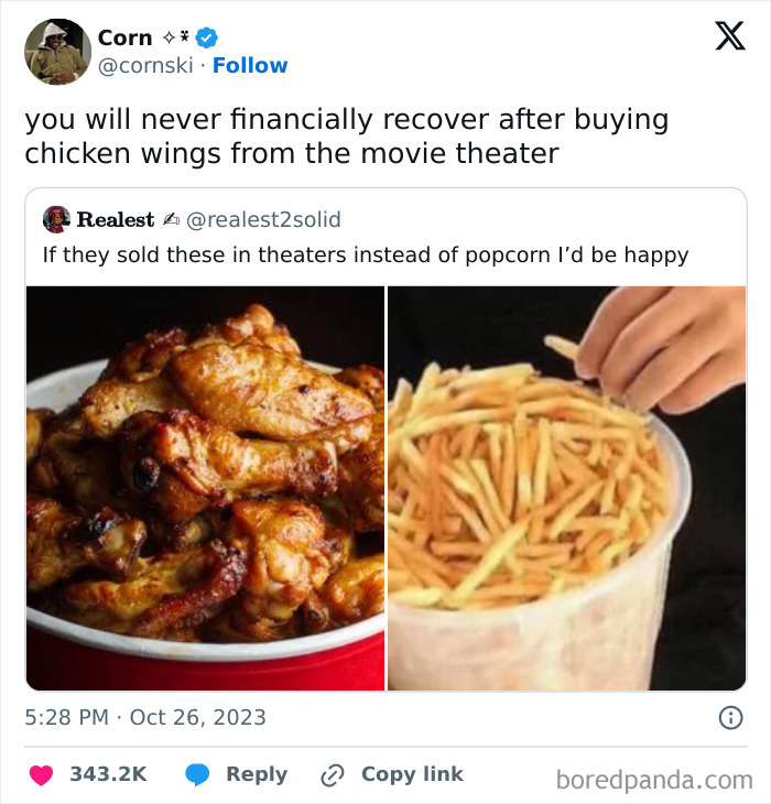 A funny cinephile tweet about the financial recovery after buying chicken wings from a movie theater.