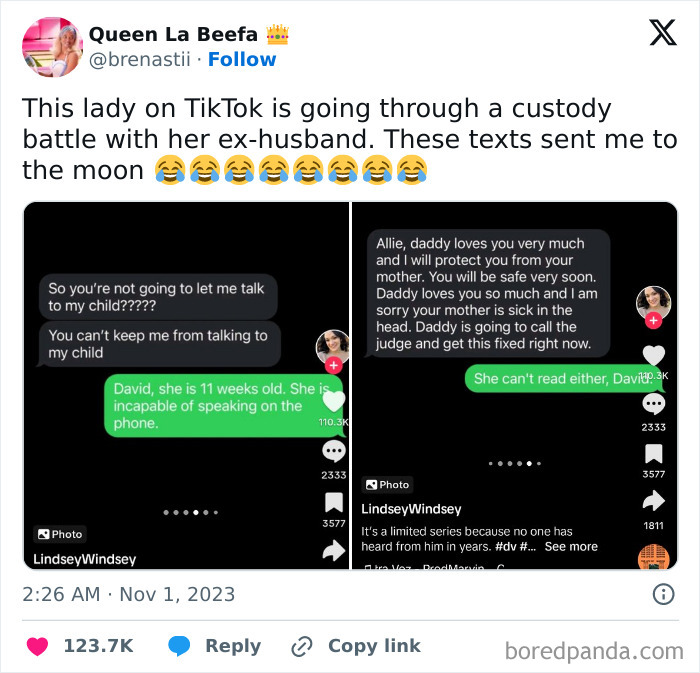 Custody battle text messages showing a dad talking to his 11-week-old baby