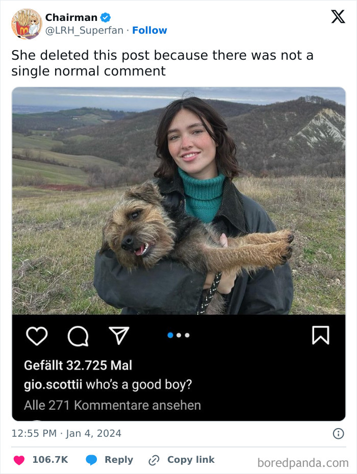 Social media post with woman holding dog and funny deleted post comment caption