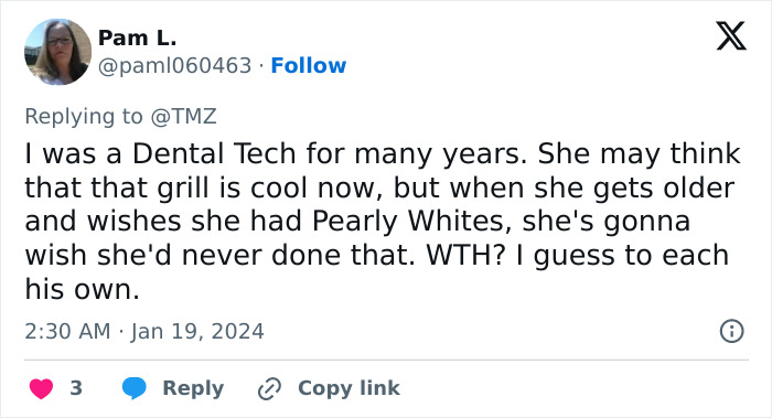 Social media comment discussing dental tech opinion on grills Social media comment discussing dental tech opinion on grills