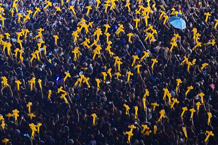 A dense crowd holds up yellow inflatable objects, captured in a vibrant photo from the Chromatic Awards.