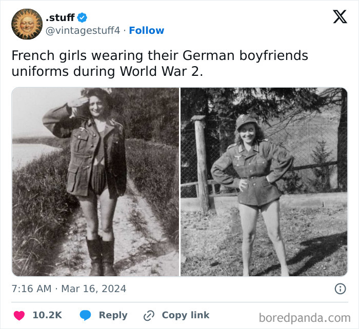 Vintage photos of French girls wearing German boyfriends uniforms during World War 2, a piece of history.
