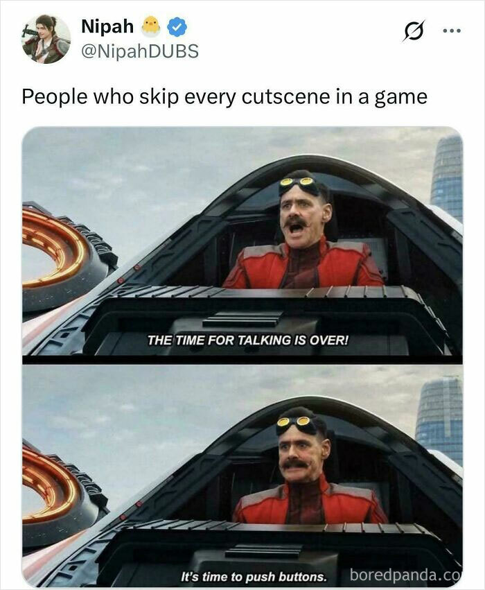 Meme on gamers skipping every cutscene in a game to start playing