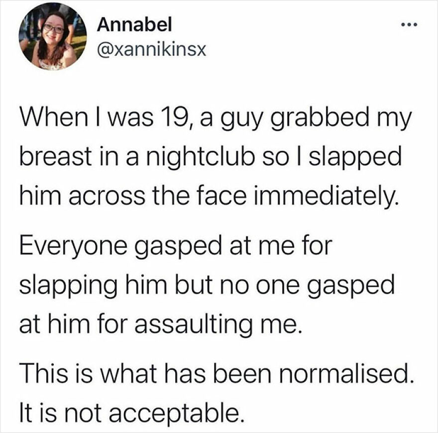 Feminist post on normalizing a*****t and victim blaming in nightclub incidents.
