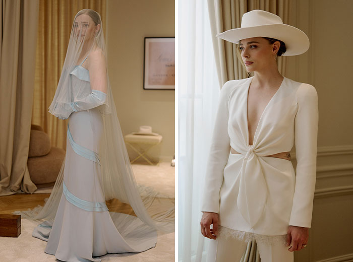 Models in two unique celebrity wedding dresses, one with a veil, the other a white suit and hat.