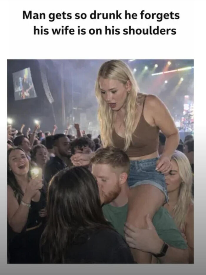 A blursed meme of a man at a concert kissing another woman while his wife is on his shoulders, looking surprised.