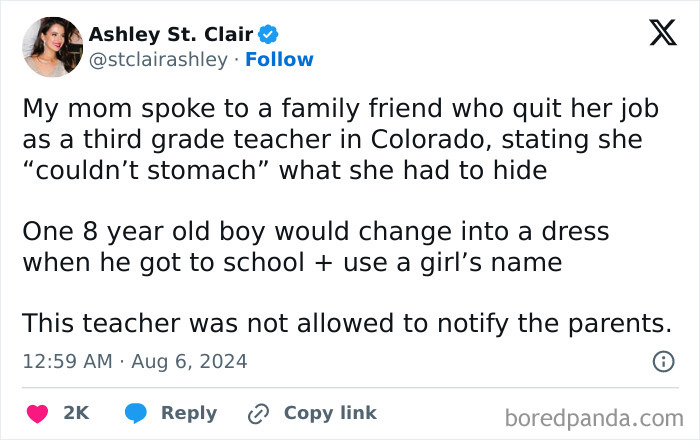 Story about a third grade teacher quitting due to restrictions on informing parents about a student's gender identity