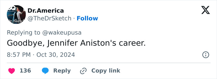 Screenshot of a tweet by Dr. America about Jennifer Aniston and Hollywood voting scandal. Screenshot of a tweet by Dr. America about Jennifer Aniston and Hollywood voting scandal.