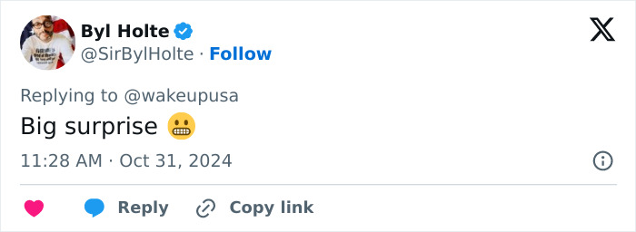 Screenshot of a tweet by Byl Holte reacting to Hollywood voting scandal. Screenshot of a tweet by Byl Holte reacting to Hollywood voting scandal.