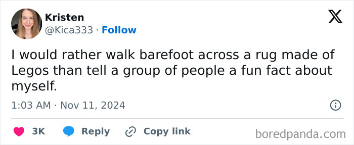Funny post satirizing corporate life, a tweet about avoiding fun facts.