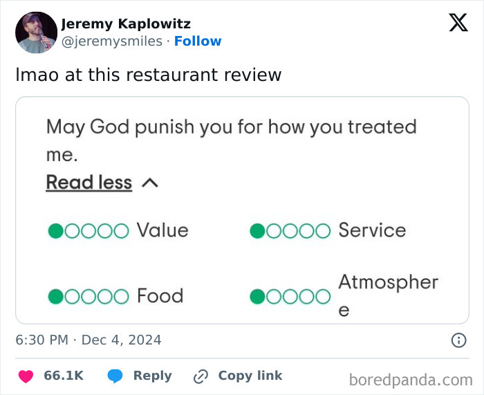 Screenshot of a funny online review for a restaurant with a one-star rating and a dramatic complaint.