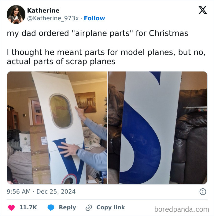 A father showing off airplane parts he ordered for Christmas, a unique gift from amazing fathers.
