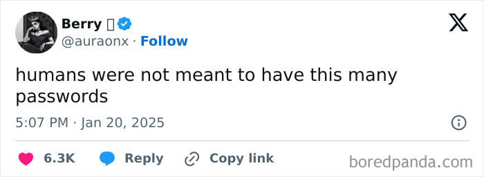 Funny posts satirizing corporate life, a tweet about too many passwords.