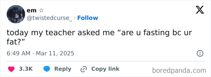 A tweet from a student about a teacher asking a toxic question about their weight and fasting.