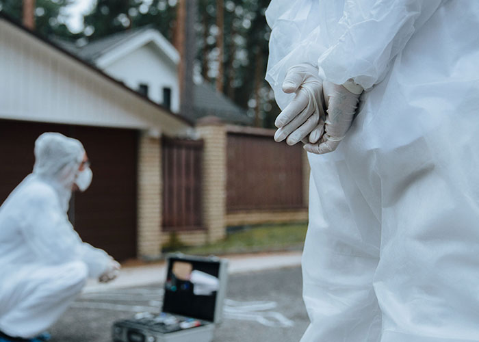 Forensic investigators in white suits examining a crime scene outdoors