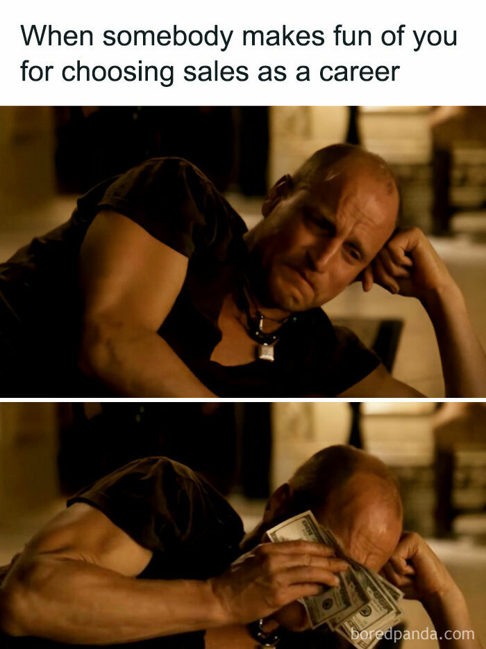 Meme about sales career showing man crying with money